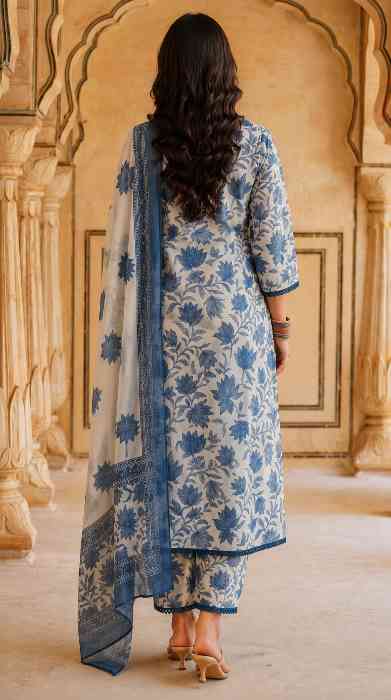 Women's Cotton Blend Off White Floral Printed Kurta with Pant & Dupatta  Back